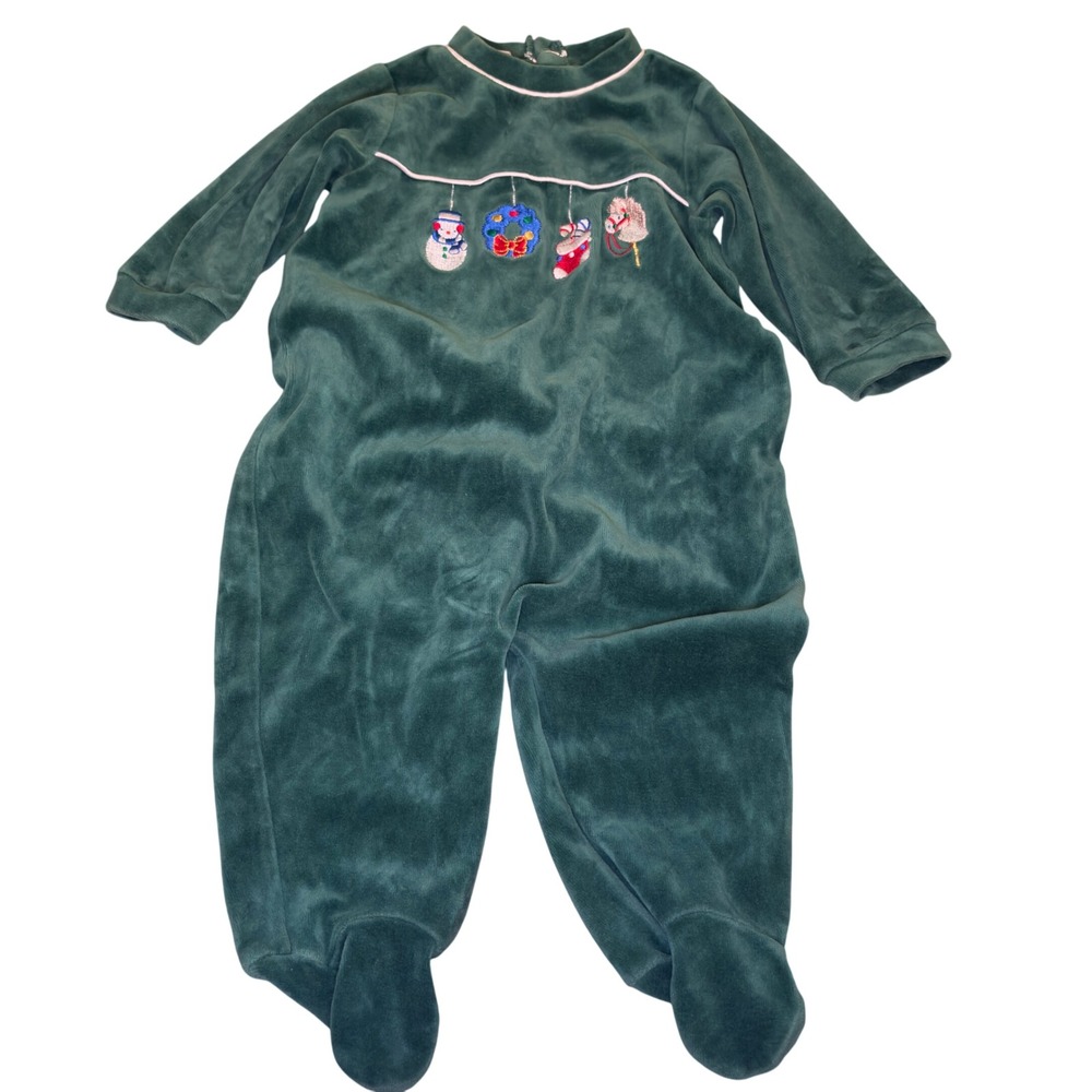 Vintage Velour Pajamas Footed Christmas Holiday Embroidery 1pc Outfit Size 6-9mo